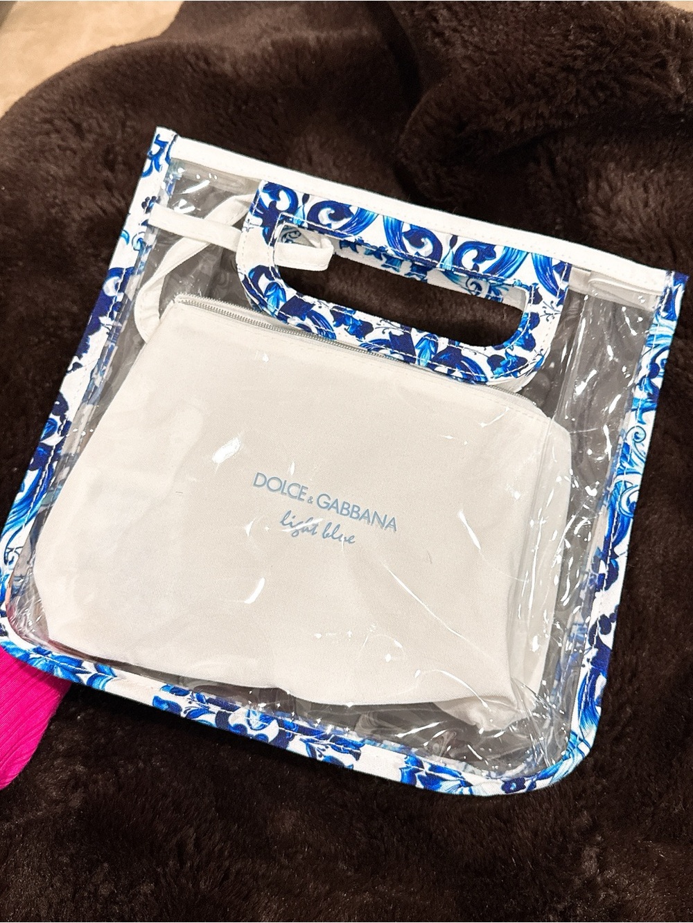 Dolce & Gabbana Clear Tote with Blue Patterned Trim and White Pouch